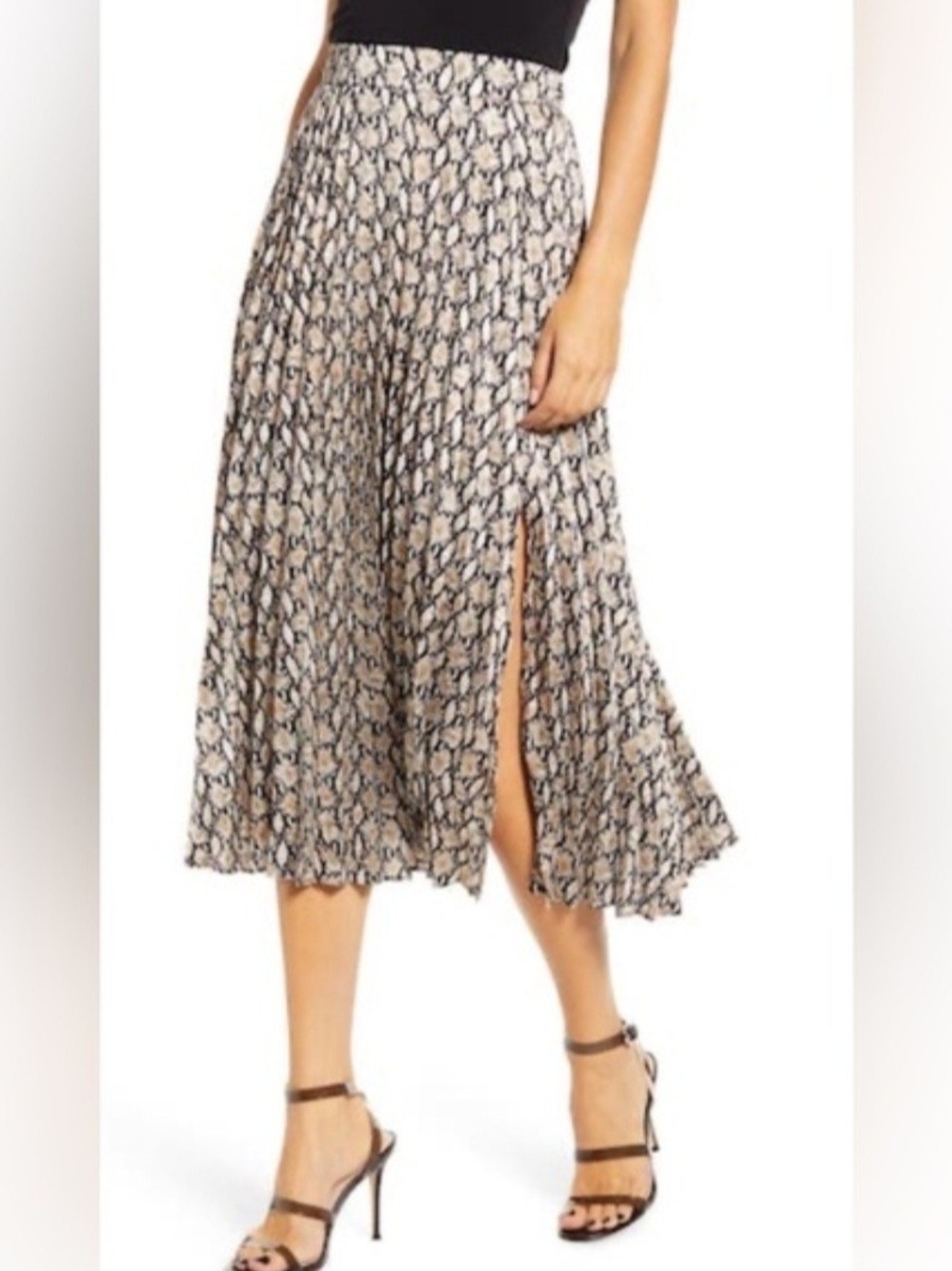 Lush Beige and Black Pleated Snake-Print Midi Skirt with Side Slit